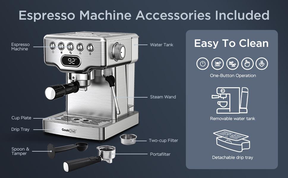 Geek Chef 20 bar espresso machine, with milk frother, 1.8 liter water tank, stainless steel