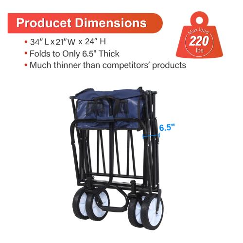 Rolling Collapsible Garden Cart Camping Wagon, with 360 Degree Swivel Wheels & Adjustable Handle, 220lbs Weight Capacity,Blue