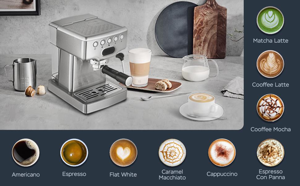 Geek Chef 20 bar espresso machine, with milk frother, 1.8 liter water tank, stainless steel