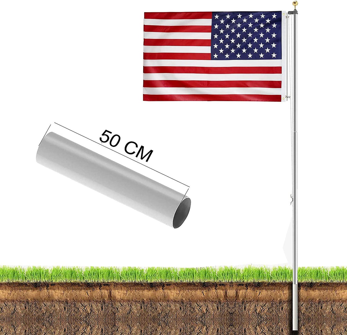 20FT Sectional Flag Pole Kit,Outdoor In Ground Flagpole for Yard Commercial or Residential(Silver)