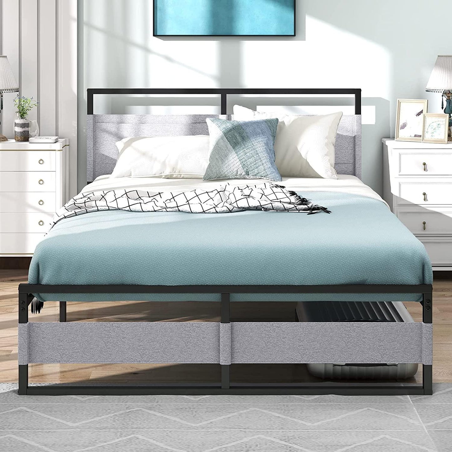 Metal Platform Bed Frame with Headboard and Pocket