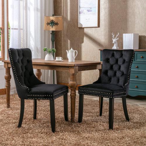 Set of 2, Contemporary Velvet Upholstered Dining Chair with Wooden Legs Nail Head Trim