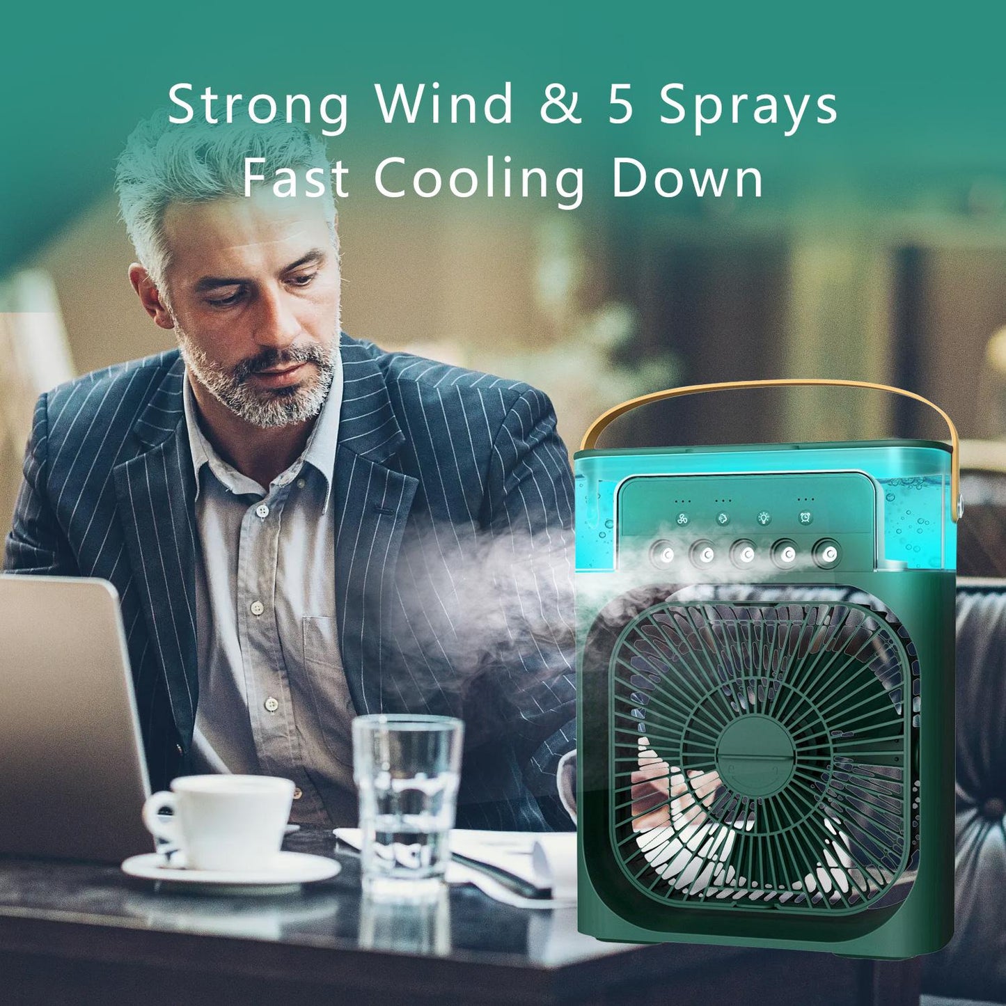 Portable Air Conditioner Fan, 5 In 1 900ml Timed Air Cooling Fan With 7 Color Lights 5 Jets 3 Speeds