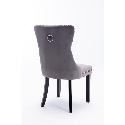 Set of 2, Contemporary Velvet Upholstered Dining Chair with Wooden Legs Nail Head Trim