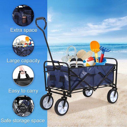 Rolling Collapsible Garden Cart Camping Wagon, with 360 Degree Swivel Wheels & Adjustable Handle, 220lbs Weight Capacity,Blue