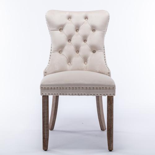 Set of 2, Contemporary Velvet Upholstered Dining Chair with Wooden Legs Nail Head Trim