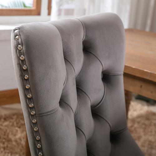Set of 2, Contemporary Velvet Upholstered Dining Chair with Wooden Legs Nail Head Trim