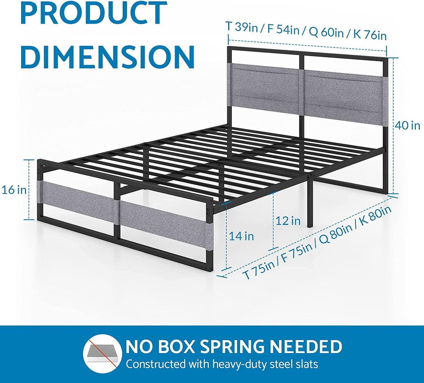 Metal Platform Bed Frame with Headboard and Pocket