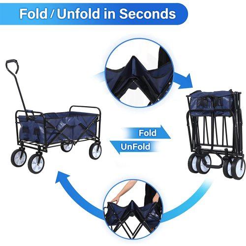 Rolling Collapsible Garden Cart Camping Wagon, with 360 Degree Swivel Wheels & Adjustable Handle, 220lbs Weight Capacity,Blue