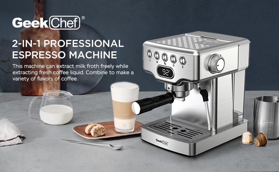 Geek Chef 20 bar espresso machine, with milk frother, 1.8 liter water tank, stainless steel