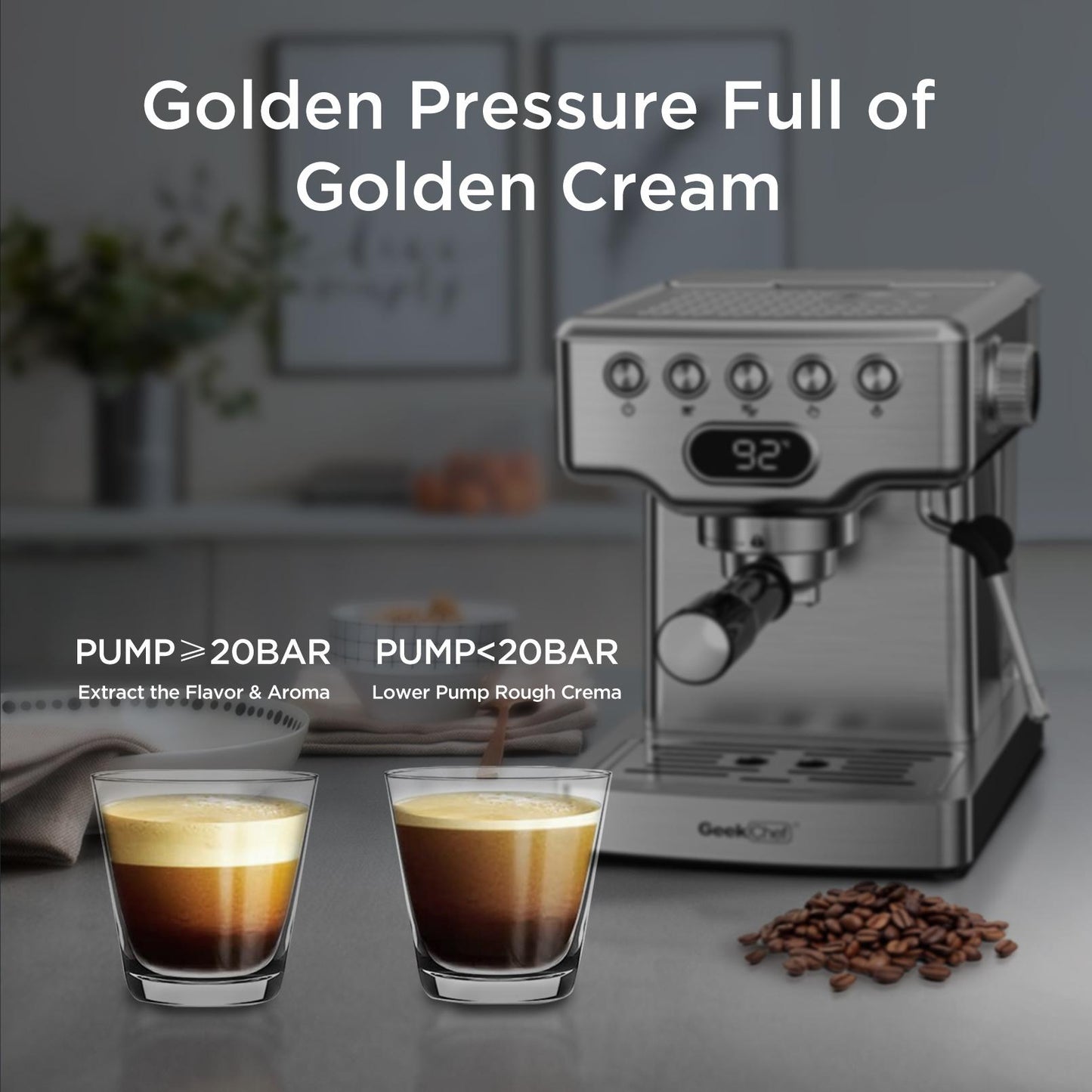 Geek Chef 20 bar espresso machine, with milk frother, 1.8 liter water tank, stainless steel