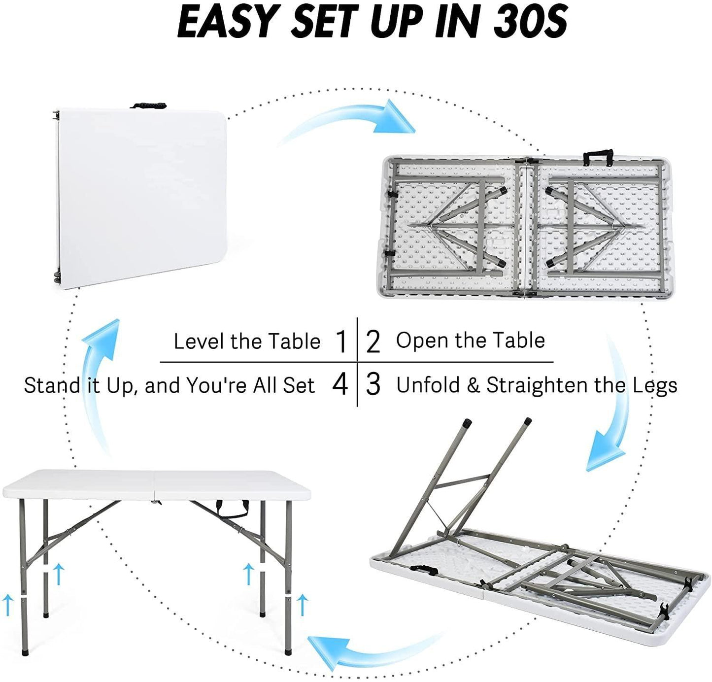 4FT Fold-in-Half Camping Table 48'' White Portable Folding Table w/Handle for Office, Picnic, Weddin