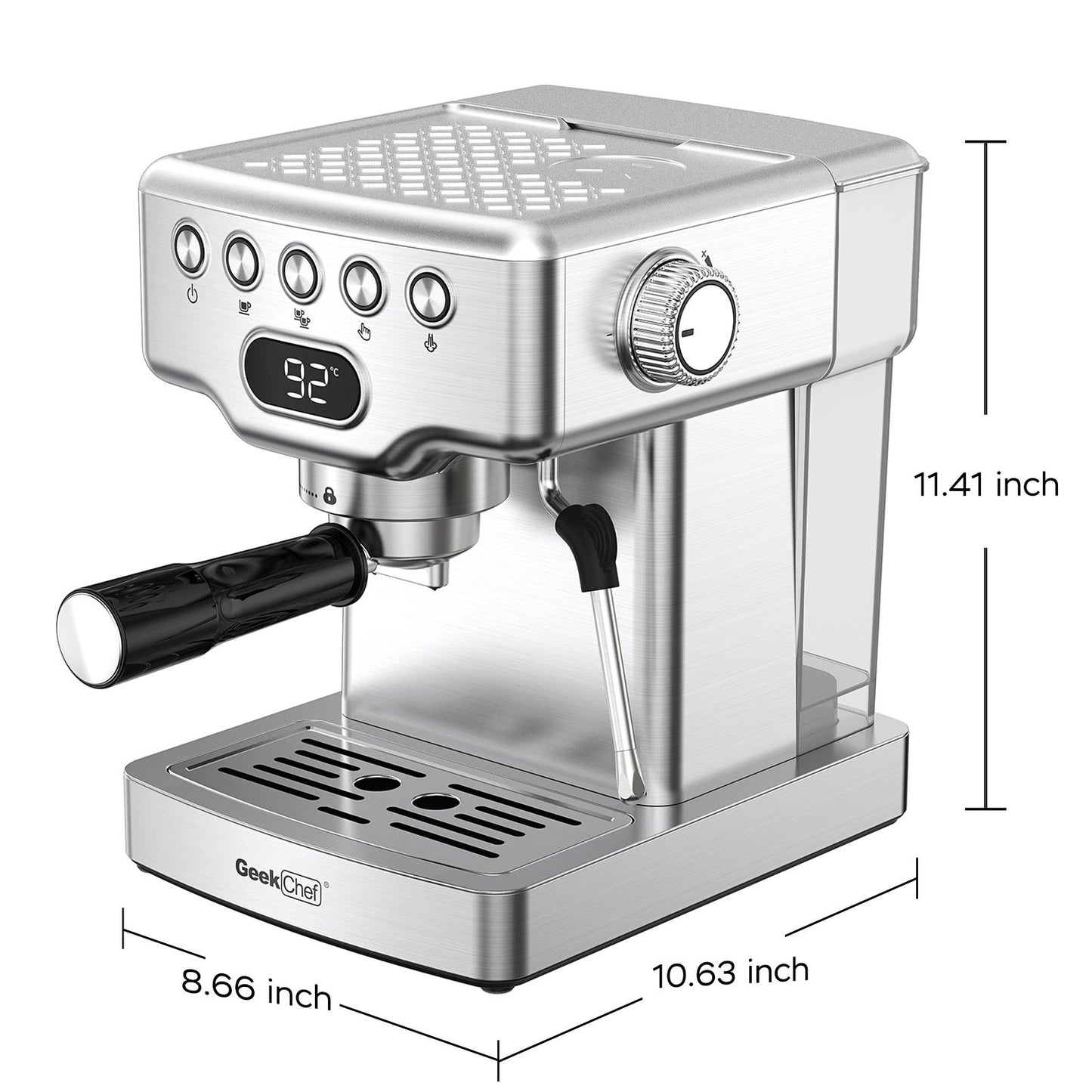 Geek Chef 20 bar espresso machine, with milk frother, 1.8 liter water tank, stainless steel
