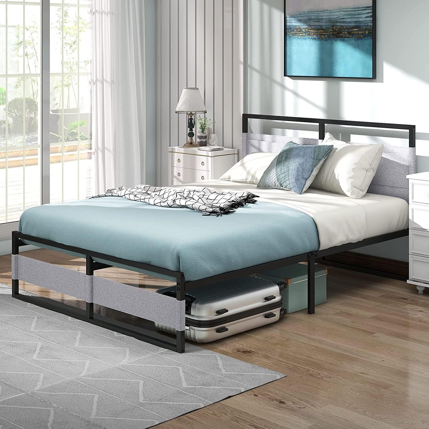 Metal Platform Bed Frame with Headboard and Pocket