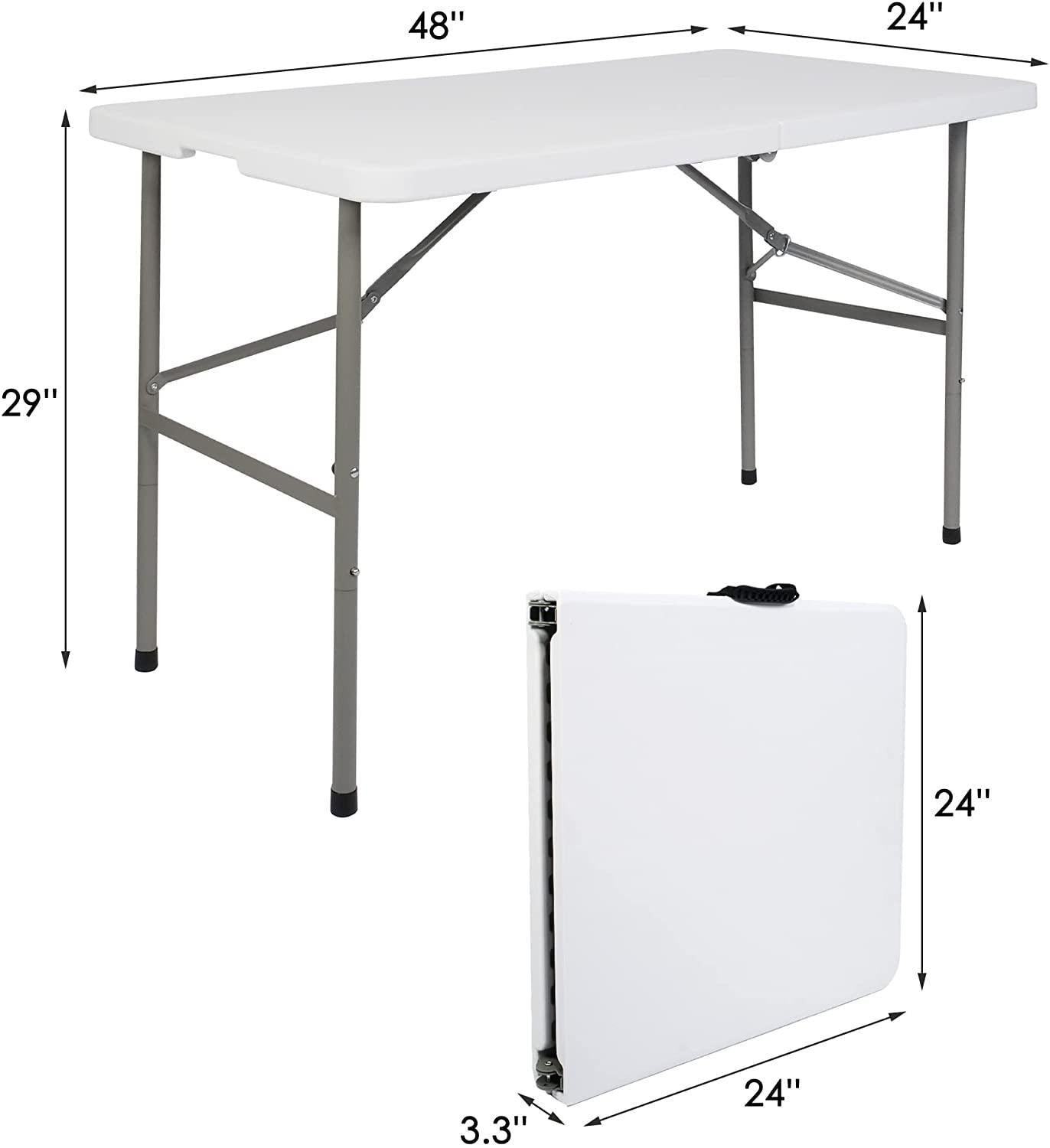 4FT Fold-in-Half Camping Table 48'' White Portable Folding Table w/Handle for Office, Picnic, Weddin
