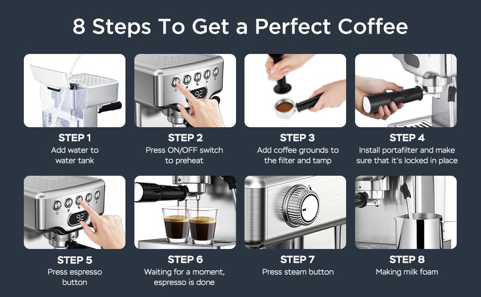 Geek Chef 20 bar espresso machine, with milk frother, 1.8 liter water tank, stainless steel