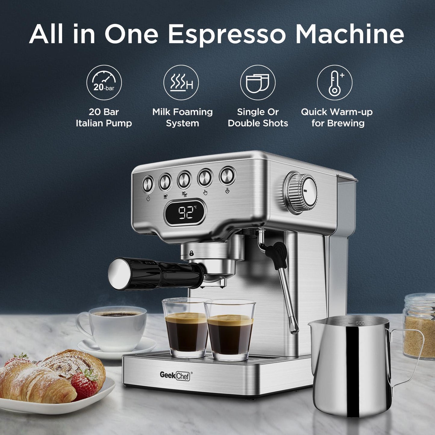 Geek Chef 20 bar espresso machine, with milk frother, 1.8 liter water tank, stainless steel
