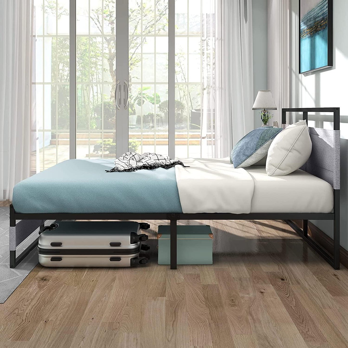 Metal Platform Bed Frame with Headboard and Pocket