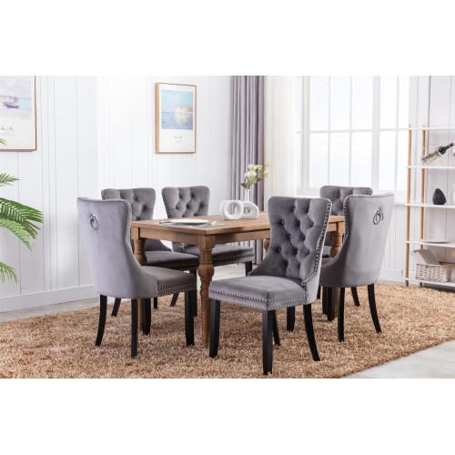 Set of 2, Contemporary Velvet Upholstered Dining Chair with Wooden Legs Nail Head Trim