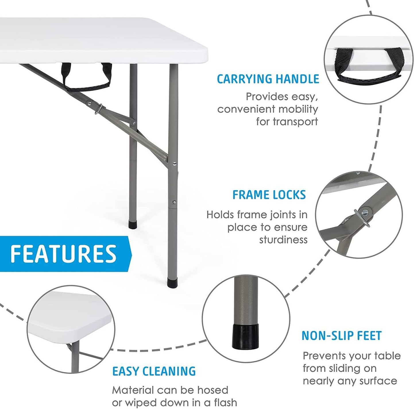 4FT Fold-in-Half Camping Table 48'' White Portable Folding Table w/Handle for Office, Picnic, Weddin