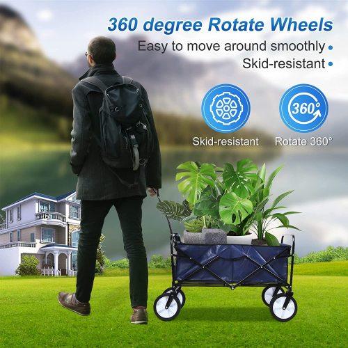 Rolling Collapsible Garden Cart Camping Wagon, with 360 Degree Swivel Wheels & Adjustable Handle, 220lbs Weight Capacity,Blue