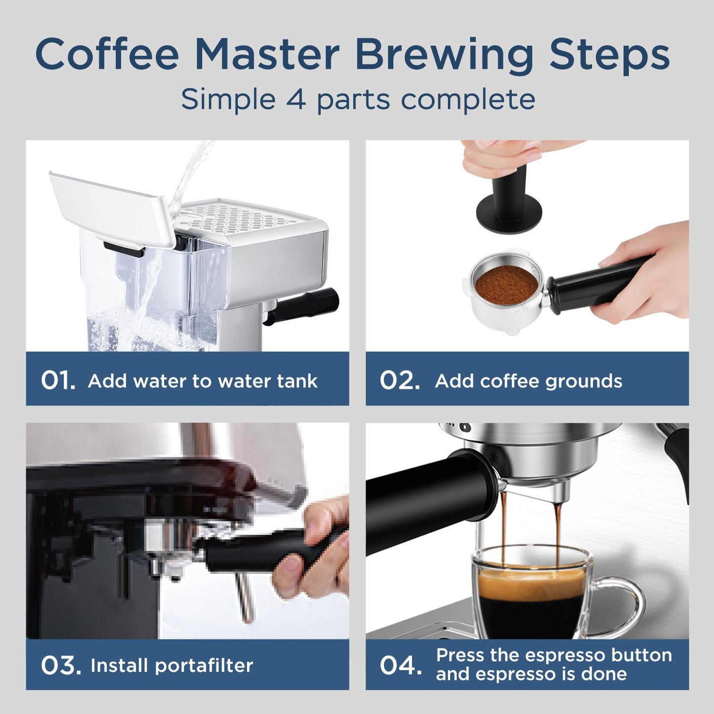 Geek Chef 20 bar espresso machine, with milk frother, 1.8 liter water tank, stainless steel