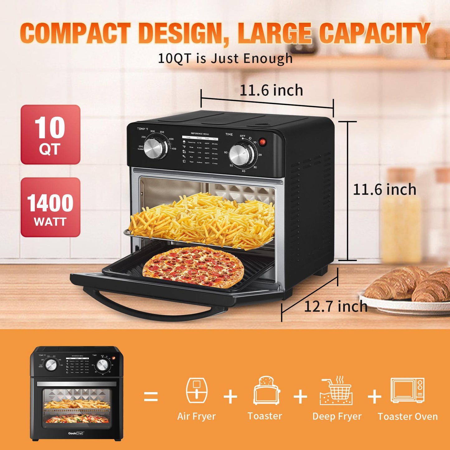 Geek Chef Air Fryer 10QT, Countertop Toaster Oven, 4 Slice Toaster Air Fryer Oven, Stainless Steel