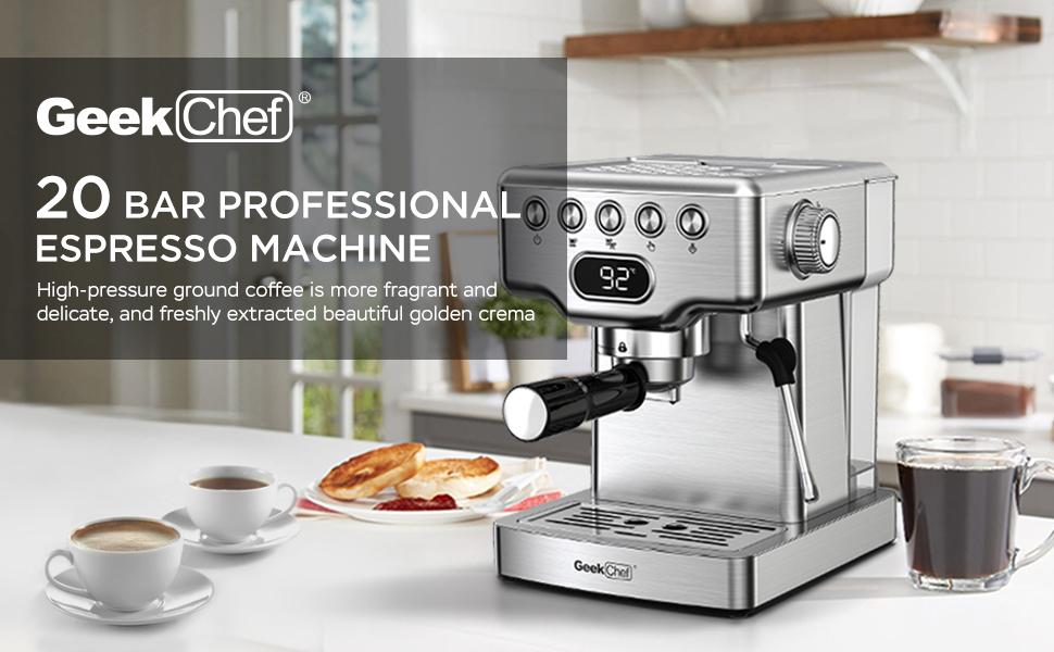 Geek Chef 20 bar espresso machine, with milk frother, 1.8 liter water tank, stainless steel