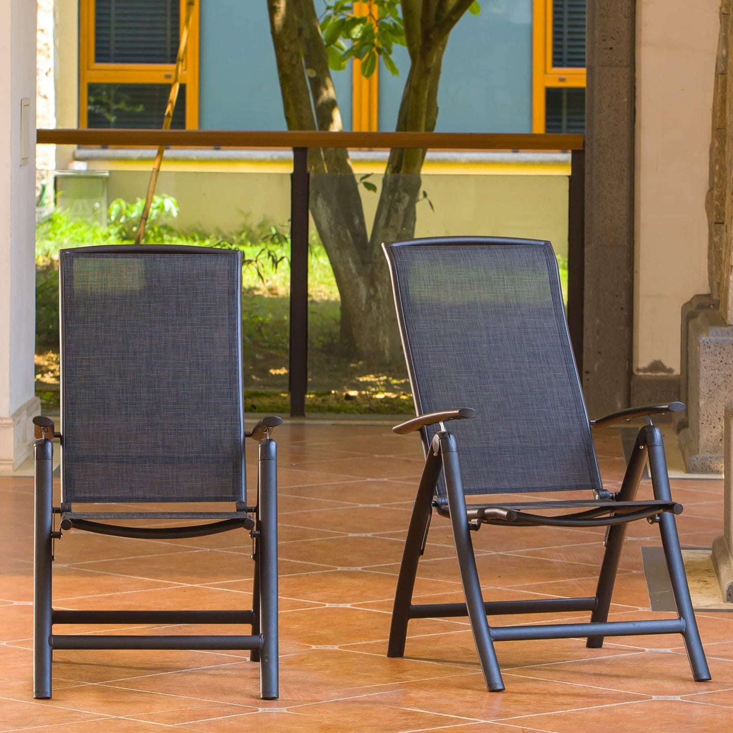 Domi Folding Patio Chairs Set of 2, Aluminium Frame Reclining Sling Lawn Chairs with Adjustable High