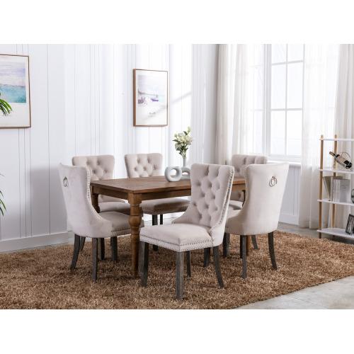 Set of 2, Contemporary Velvet Upholstered Dining Chair with Wooden Legs Nail Head Trim