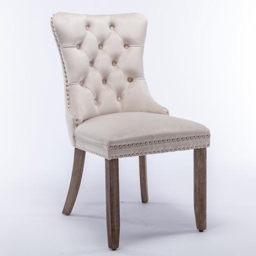 Set of 2, Contemporary Velvet Upholstered Dining Chair with Wooden Legs Nail Head Trim