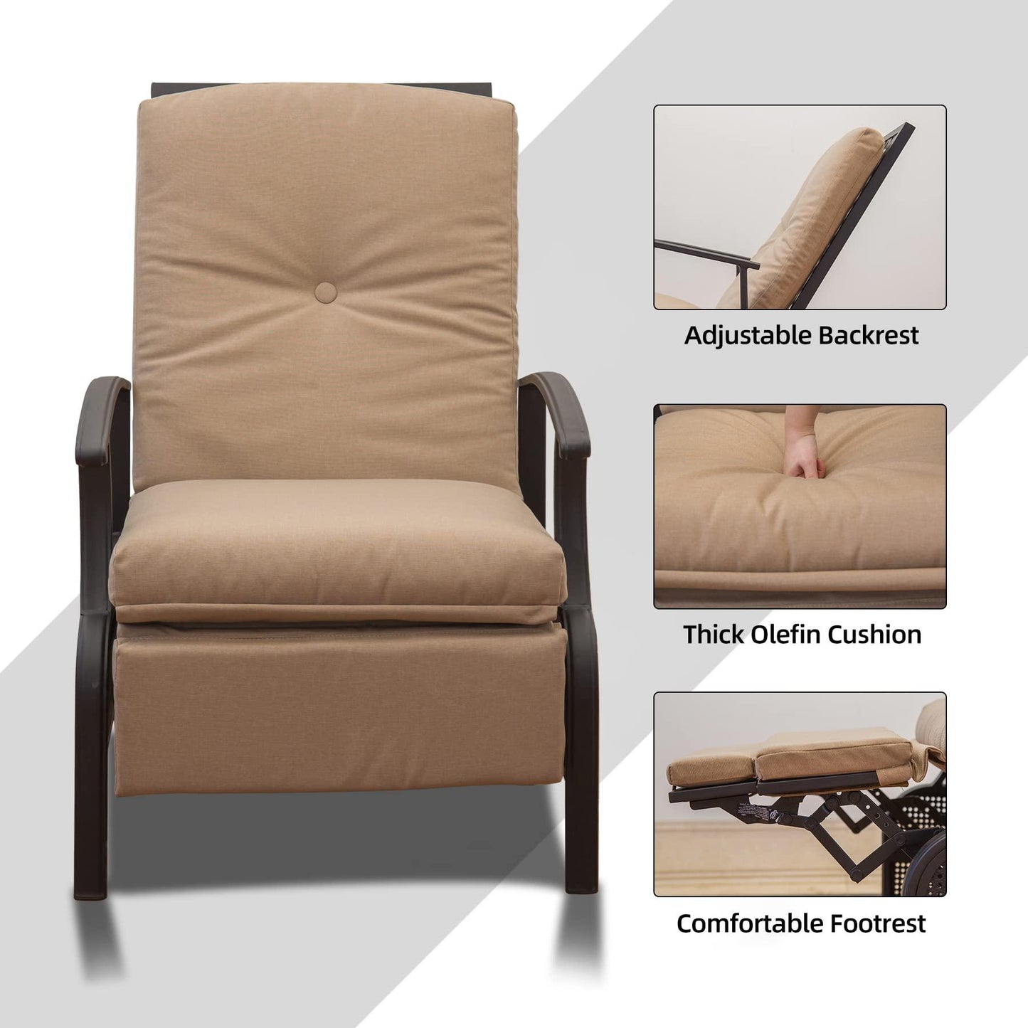 Domi Outdoor Living Adjustable Patio Recliner Chair Metal Outdoor Reclining Lounge Chair with Remova