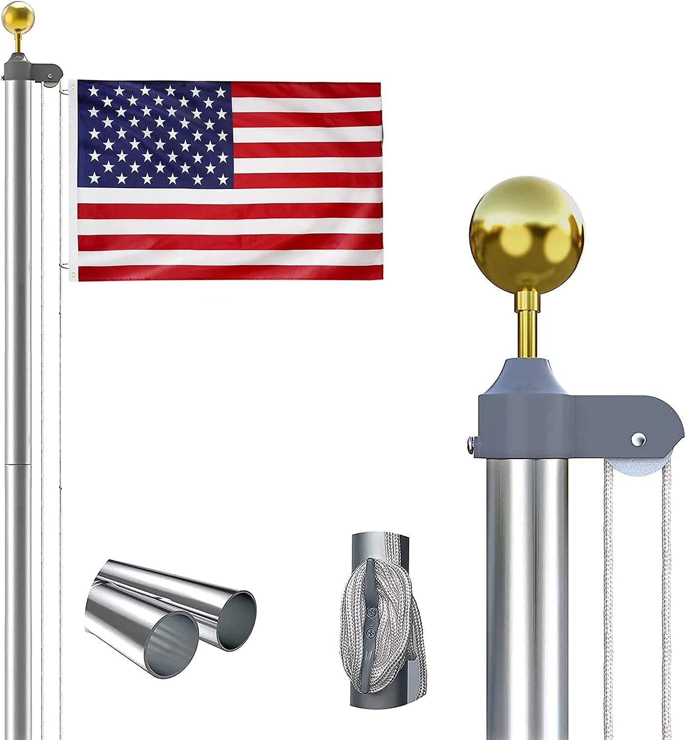 20FT Sectional Flag Pole Kit,Outdoor In Ground Flagpole for Yard Commercial or Residential（Silver）