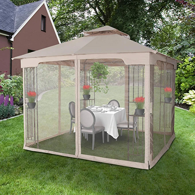 10x10 Outdoor Gazebo for Patios Canopy for Shade and Rain with Corner Shelves Soft Top Metal Frame with Mosquito Netting
