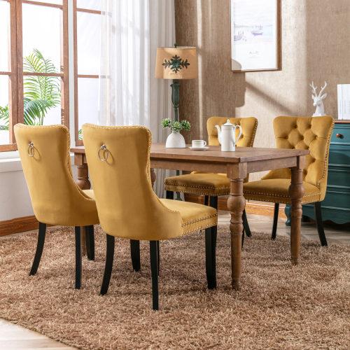 Set of 2, Contemporary Velvet Upholstered Dining Chair with Wooden Legs Nail Head Trim