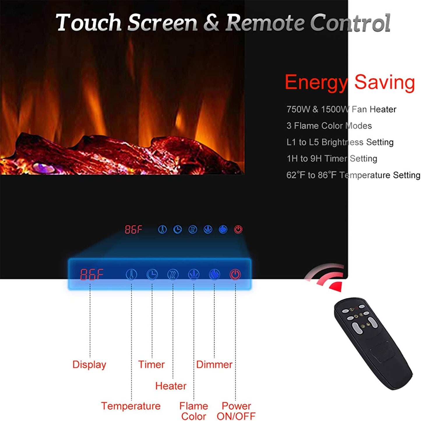 Electric Fireplace,750/1500W, Black