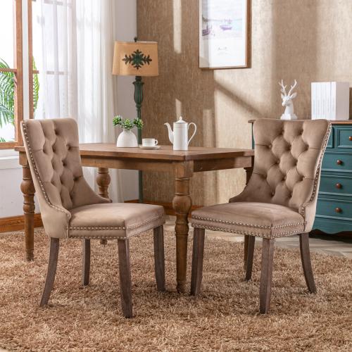 Set of 2, Contemporary Velvet Upholstered Dining Chair with Wooden Legs Nail Head Trim