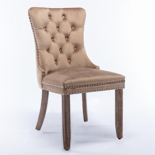 Set of 2, Contemporary Velvet Upholstered Dining Chair with Wooden Legs Nail Head Trim