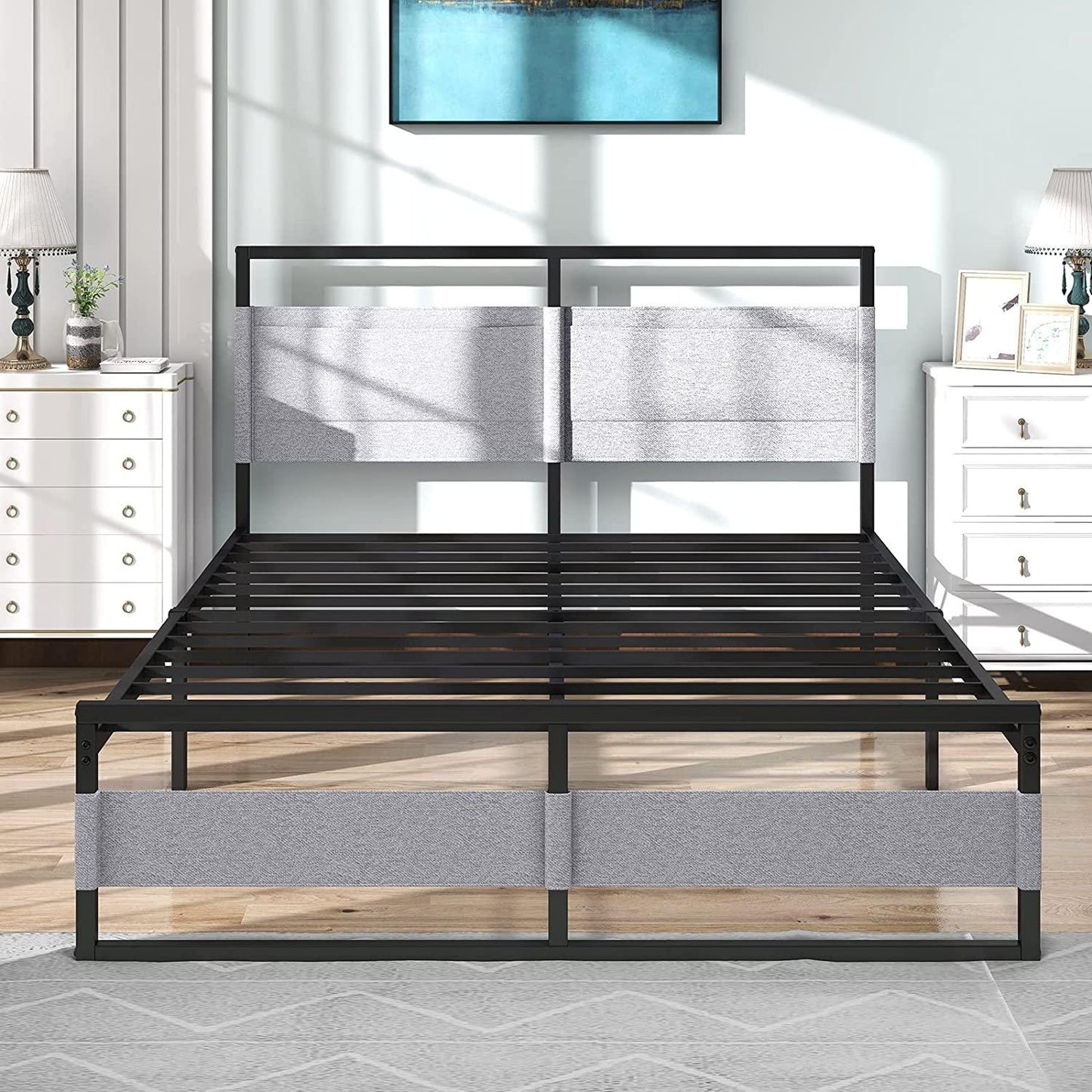 Metal Platform Bed Frame with Headboard and Pocket