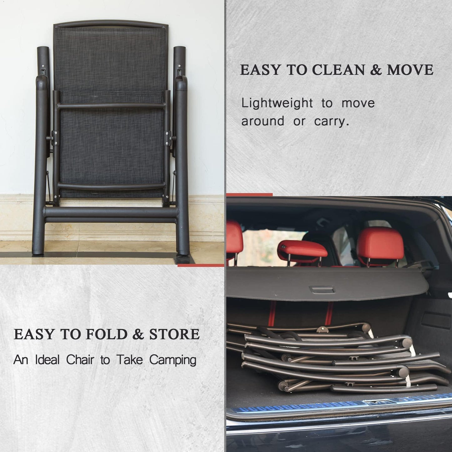 Domi Folding Patio Chairs Set of 2, Aluminium Frame Reclining Sling Lawn Chairs with Adjustable High