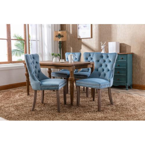 Set of 2, Contemporary Velvet Upholstered Dining Chair with Wooden Legs Nail Head Trim
