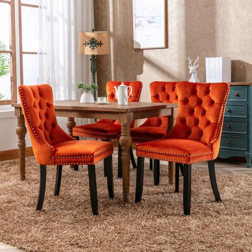 Set of 2, Contemporary Velvet Upholstered Dining Chair with Wooden Legs Nail Head Trim
