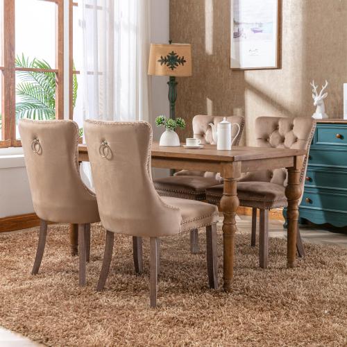 Set of 2, Contemporary Velvet Upholstered Dining Chair with Wooden Legs Nail Head Trim