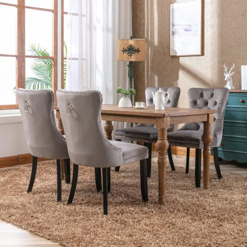 Set of 2, Contemporary Velvet Upholstered Dining Chair with Wooden Legs Nail Head Trim