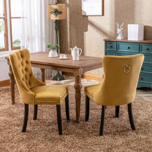 Set of 2, Contemporary Velvet Upholstered Dining Chair with Wooden Legs Nail Head Trim