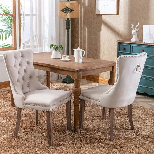 Set of 2, Contemporary Velvet Upholstered Dining Chair with Wooden Legs Nail Head Trim