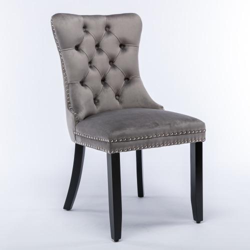 Set of 2, Contemporary Velvet Upholstered Dining Chair with Wooden Legs Nail Head Trim