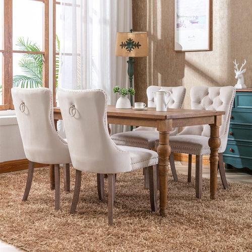 Set of 2, Contemporary Velvet Upholstered Dining Chair with Wooden Legs Nail Head Trim