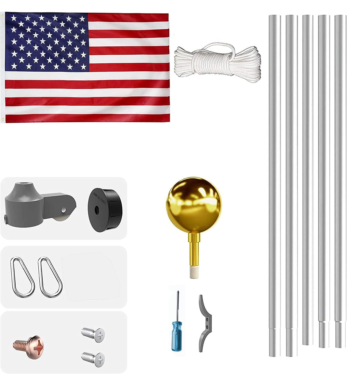 20FT Sectional Flag Pole Kit,Outdoor In Ground Flagpole for Yard Commercial or Residential（Silver）