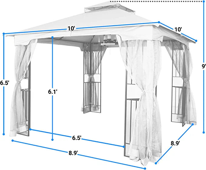 10x10 Outdoor Gazebo for Patios Canopy for Shade and Rain with Corner Shelves Soft Top Metal Frame with Mosquito Netting